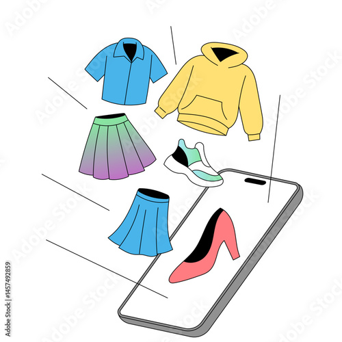 Clothing items flying from smartphone as online fashion shopping concept