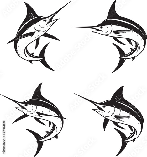 Marlin fish silhouette set vector illustration isolated On Transparent Background
