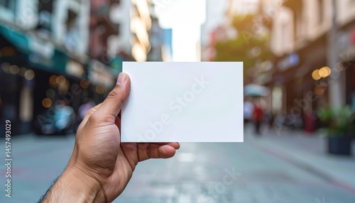 A hand firmly holds a blank white card against a blurred urban scene bathed in festive lights, suggesting a personal message or invitation.
