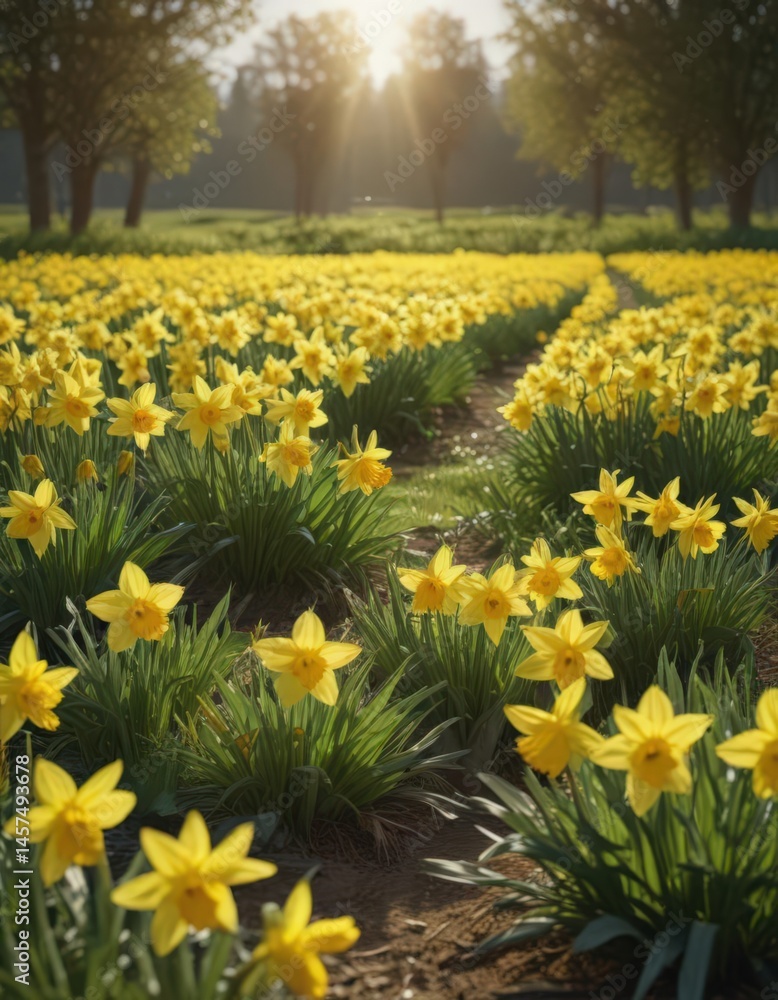 Sunlit daffodils burst forth in vibrant yellow against a verdant field , meadow, sunny