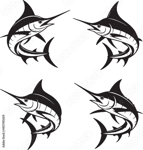 Marlin fish silhouette set vector illustration isolated On Transparent Background