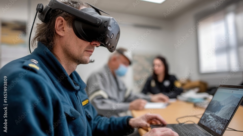 A training session for emergency responders using AR simulations where realistic scenarios are projected into the training room allowing for immersive practice.