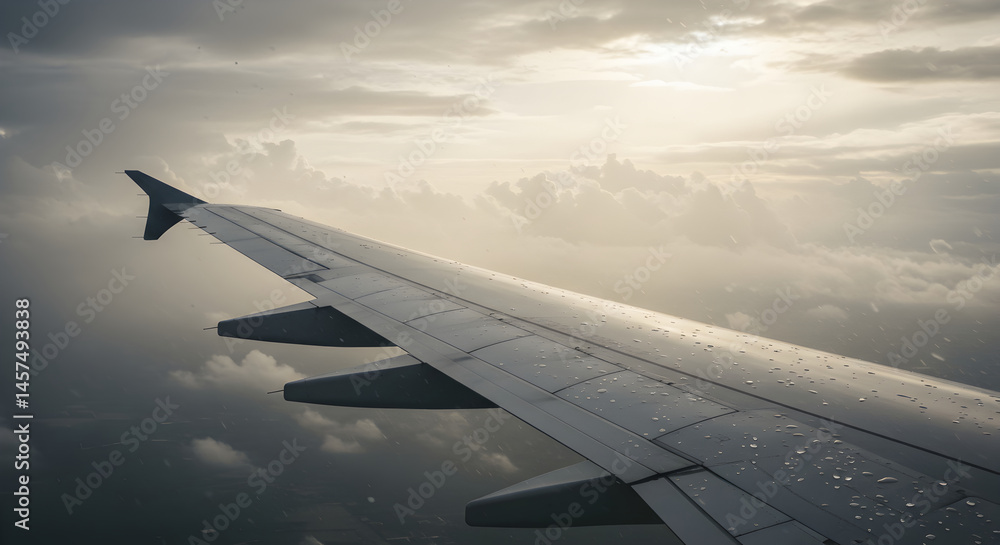 Fototapeta premium Wing View Through Clouds With Raindrops During Travel Journey
