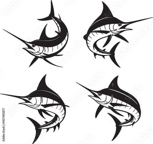 Marlin fish silhouette set vector illustration isolated On Transparent Background