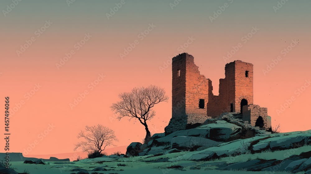 Obraz premium Ruins of an ancient castle with a tree against a colorful sunset sky.
