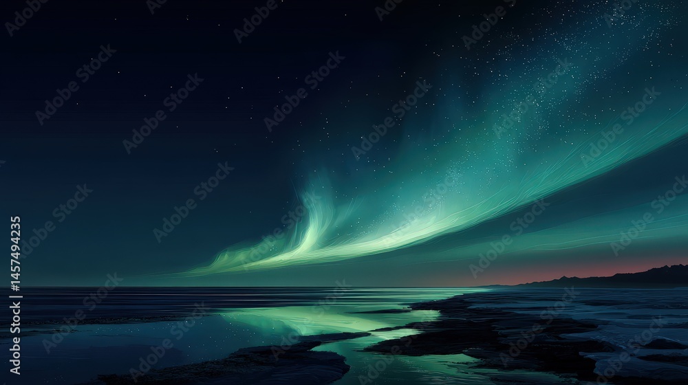 Vibrant aurora lights dancing over a serene frozen landscape at night. Vibrant aurora lights dancing over a serene frozen landscape at night.