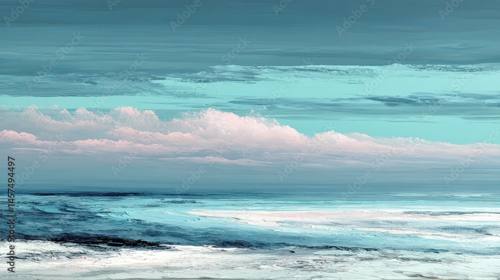 Fototapeta premium Abstract seascape with blue tones and stylized clouds over a textured ocean surface.