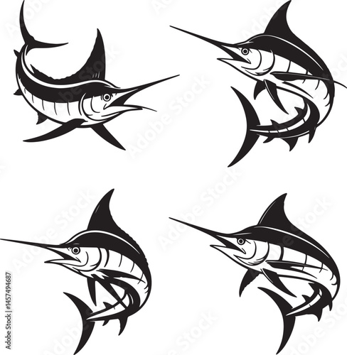 Marlin fish silhouette set vector illustration isolated On Transparent Background