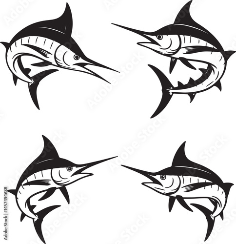 Marlin fish silhouette set vector illustration isolated On Transparent Background