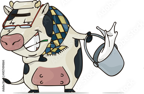 ANIMATED COW CHARACTER WITH BUCKET OF MILK IN HAND
