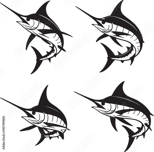 Marlin fish silhouette set vector illustration isolated On Transparent Background