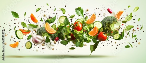 Whimsical dance of fresh fruits and vegetables in midair