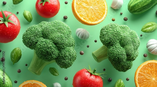 Vibrant fruits and vegetables in a dynamic health burst