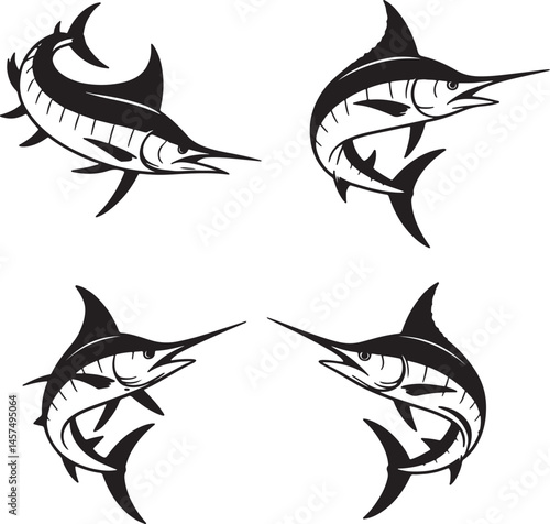 Marlin fish silhouette set vector illustration isolated On Transparent Background