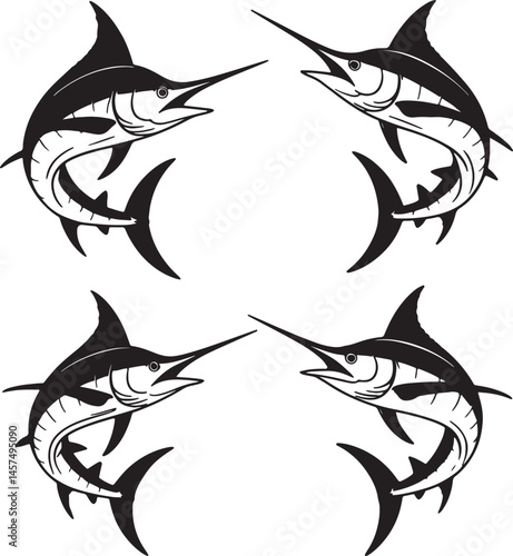Marlin fish silhouette set vector illustration isolated On Transparent Background