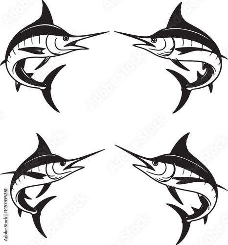 Marlin fish silhouette set vector illustration isolated On Transparent Background