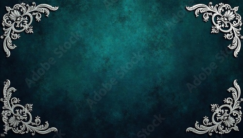 Intricate paisley damask pattern, teal and silver, on dark background , scroll, illustration