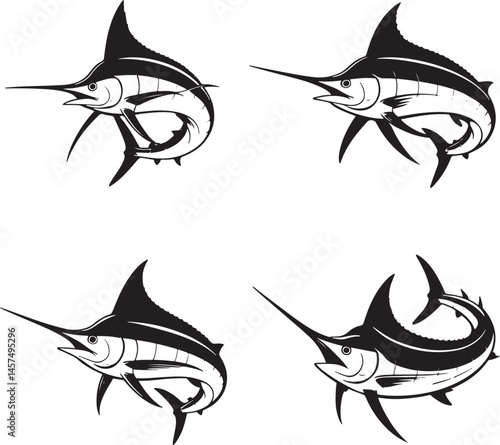Marlin fish silhouette set vector illustration isolated On Transparent Background