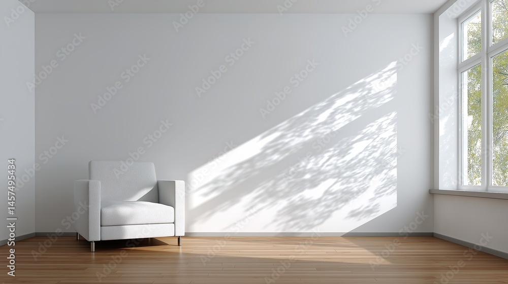 Fototapeta premium Minimalist living room corner with modern armchair and natural light. Simplicity and calm in contemporary design.