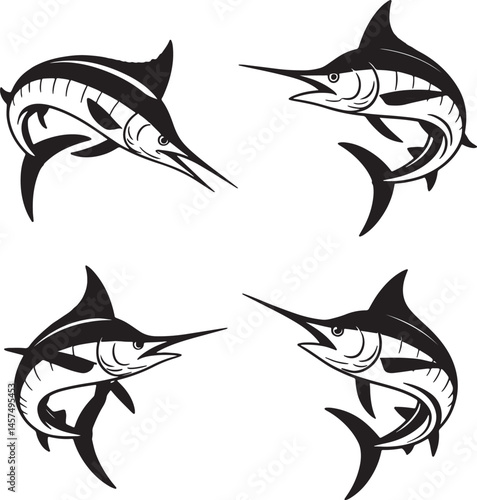Marlin fish silhouette set vector illustration isolated On Transparent Background