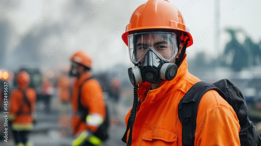 Emergency Responder in Protective Gear at Disaster Scene with Smoke Emergency Responder in Protective Gear at Disaster Scene with Smoke