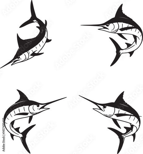 Marlin fish silhouette set vector illustration isolated On Transparent Background