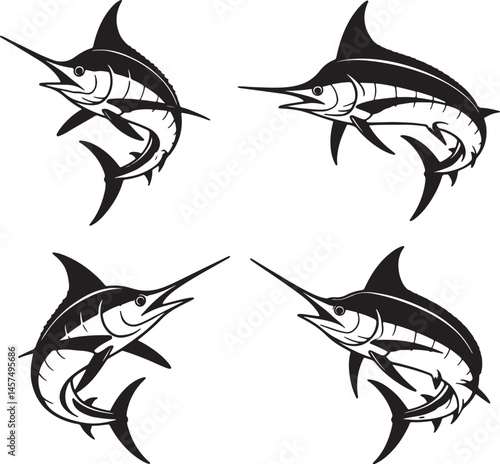 Marlin fish silhouette set vector illustration isolated On Transparent Background