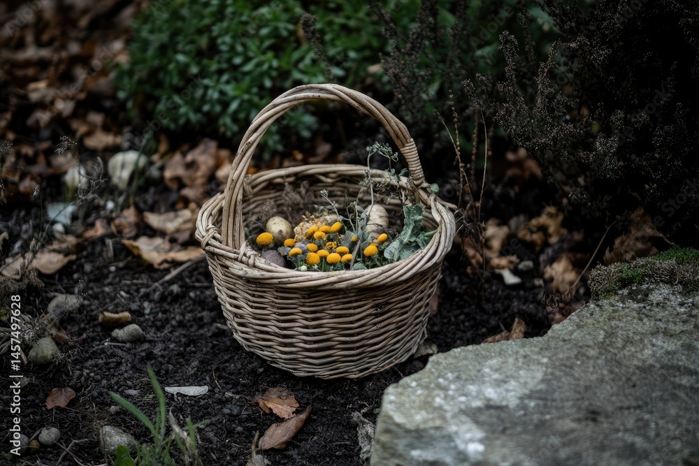 Wicker basket filled with foraged items, nestled in earthy garden setting. Small, yellow flowers and other natural objects are visible within Wicker basket filled with foraged items, nestled in earthy garden setting. Small, yellow flowers and other natural objects are visible within