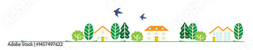Peaceful Townscape with Flying Swallows and Simple Houses / 飛ぶツバメとシンプルな家々の穏やかな街並み