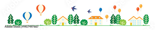 A Simple Residential Landscape with Balloons, Houses, and Nature./気球とシンプルな住宅地の風景