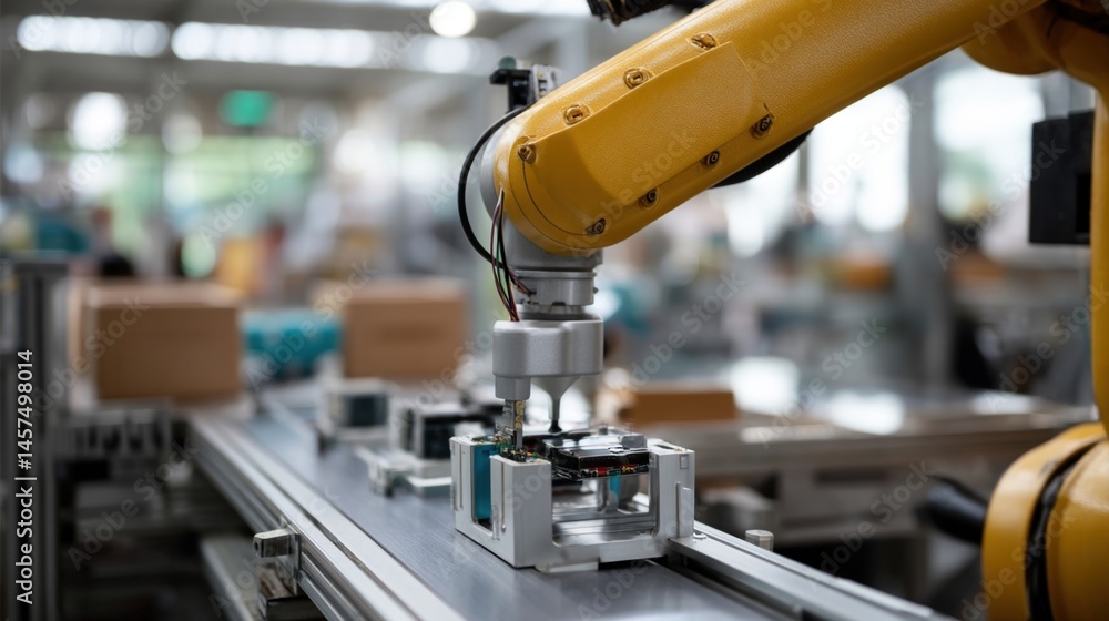 A robotic arm in a factory setting meticulously assembles electronic devices illustrating the role of robotics in streamlining manufacturing processes and increasing productivity.
