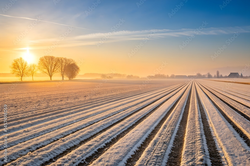 Obraz premium Sunrise over a Frozen Field: Serene shot of a vast, frost-covered agricultural field bathed in the soft glow of sunrise, with rows leading the eye to the horizon.