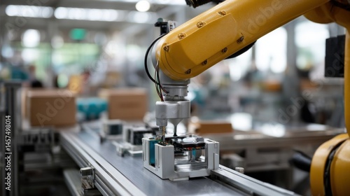 Obraz na płótnie A robotic arm in a factory setting meticulously assembles electronic devices illustrating the role of robotics in streamlining manufacturing processes and increasing productivity. w salonie