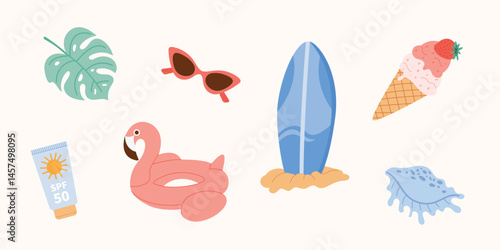 Summer holiday flat vector set with flamingo float, tropical leaf, sunglasses, surfboard, sunscreen, ice cream and shell. Cute colorful beach vacation clipart, isolated on light background.