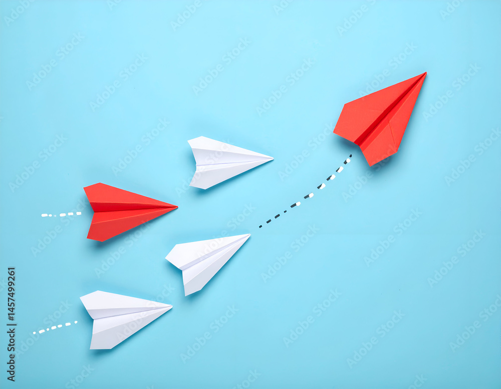 Naklejka premium Red Paper Airplane Leading White Ones, Innovation, Success, Competition