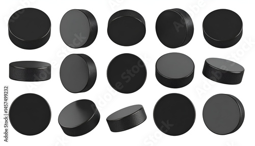 Fifteen Black Hockey Pucks, Isolated, Various Angles, 3D Render, Sports Equipment