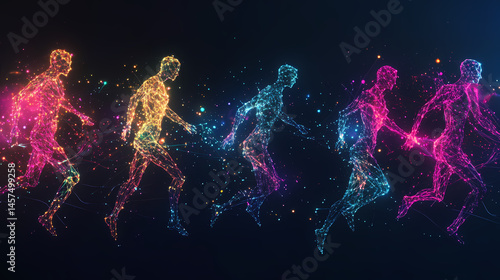 Abstract human figures in motion made of lines and dots floating in a dark space. [Graviton Cities] | Tethered Urbanism | floating lines. Illustration