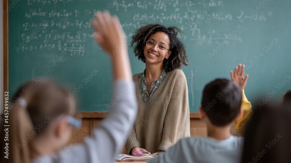 A teacher at a chalkboard enthusiastically writing equations while students raise their hands to participate highlighting an interactive math lesson.