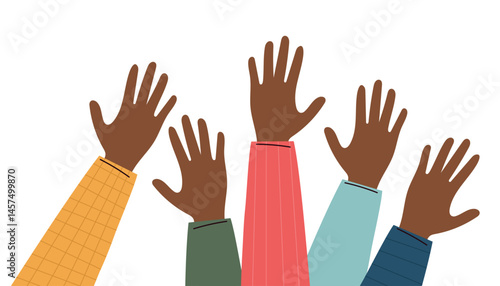 Hands raised up. Colorful silhouettes of diverse people including Black individuals. Cartoon style illustration of voting, unity, support, and equality. Isolated on white background.