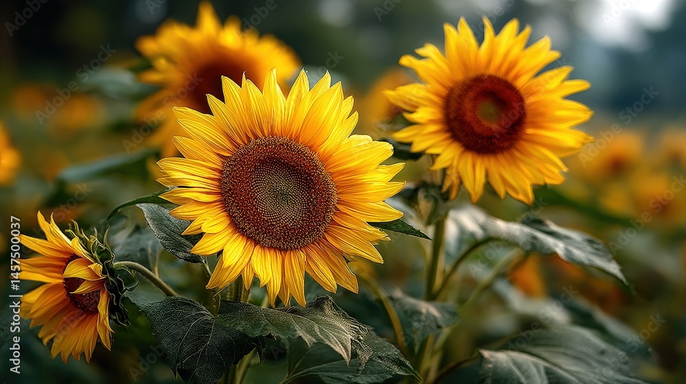 Naklejka premium Vibrant sunflowers blooming in a lush green field under natural light.