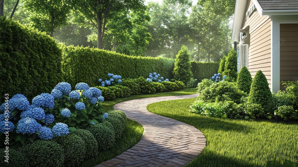 Fototapeta premium Serene garden path winds through lush landscaping. A well-maintained walkway meanders through a garden filled with vibrant blue hydrangeas, neatly trimmed hedges, and various greenery.