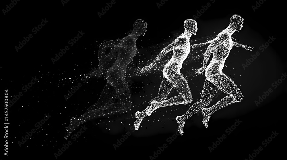 Abstract human figures in motion made of lines and dots floating in a dark space. [Graviton Cities] | Gravitational Mirage | floating illusion. Illustration