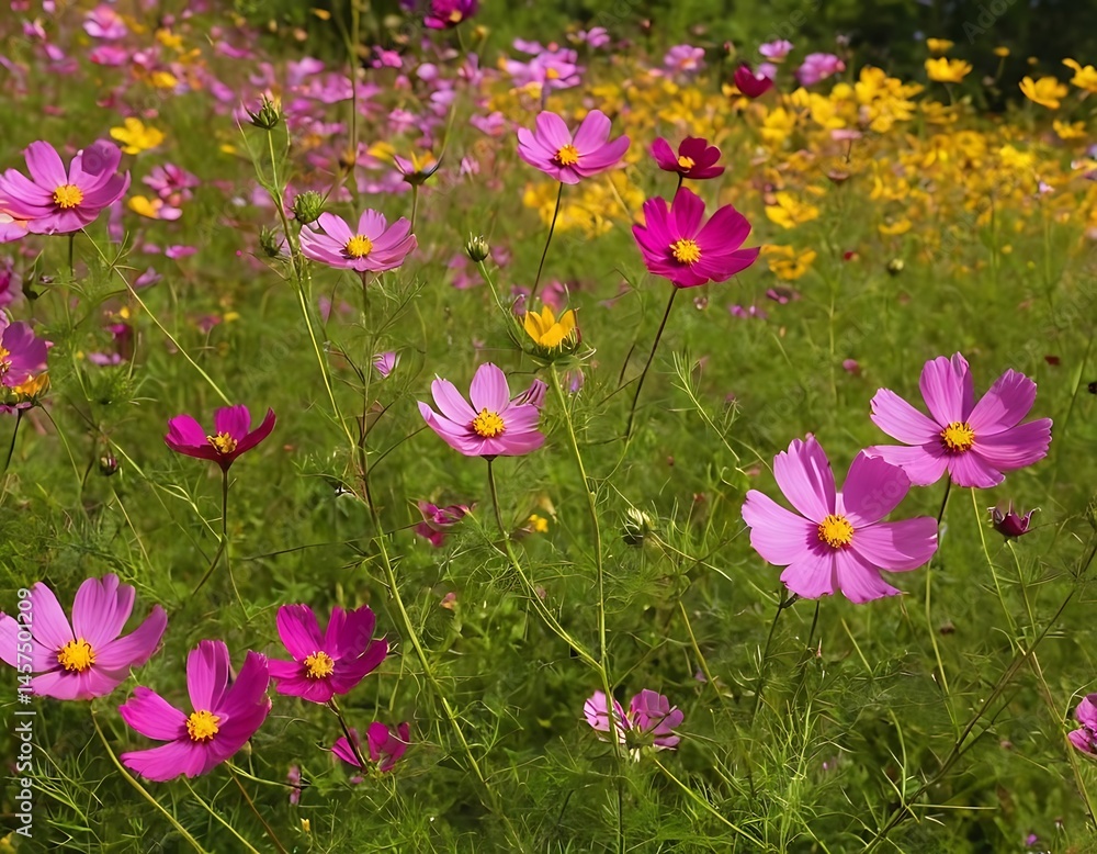 Fototapeta premium Vibrant Pink and Yellow Cosmos Flowers in a Field