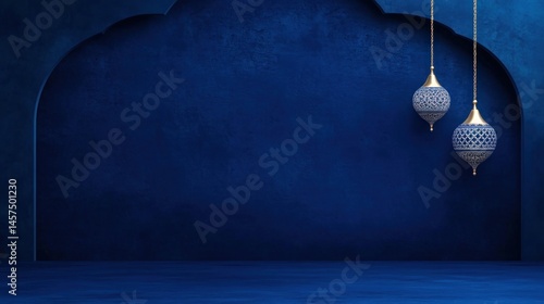 Elegant blue and gold hanging lamps on textured wall background