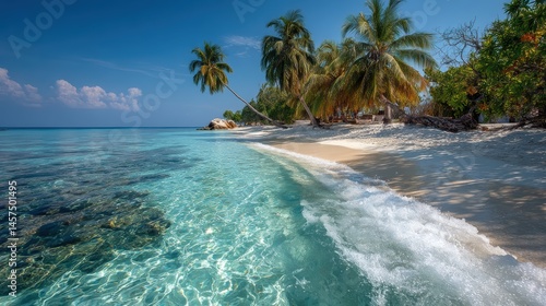 A secluded tropical beach with calm blue ocean, soft sand, and palm trees, offering the ultimate escape for a relaxing vacation in paradise
