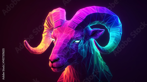 Abstract polygonal ram head, glowing neon colors. [Neon Beasts] | Lumen Roamer | walking glow. Illustration