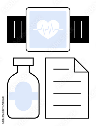 Health-focused smartwatch with heartbeat display, medicine bottle, and document. Ideal for fitness, healthcare, remote monitoring, telemedicine, medical research, pharmaceutical use and wellness