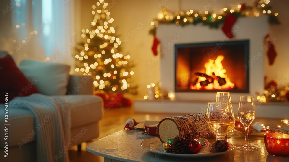 Fototapeta premium Christmas living room with yule log and fireplace