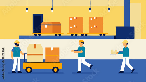 Automated Guided Vehicles AGVs A series of AGVs navigating through a warehouse floor transporting goods from one section to another with a few human workers supervising operations.