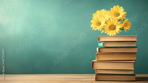 Yellow flowers on stack of books against teal background